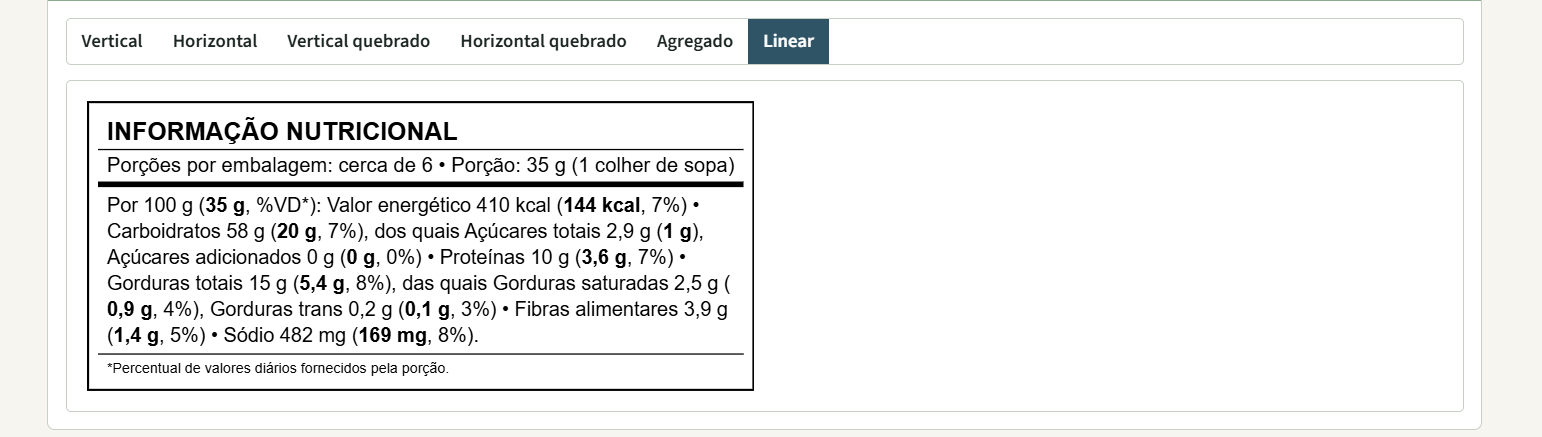 Modelo linear da tabela de informação nutricional da IN 75/2020, Anexos IX e XIII, em texto corrido com valores em negrito