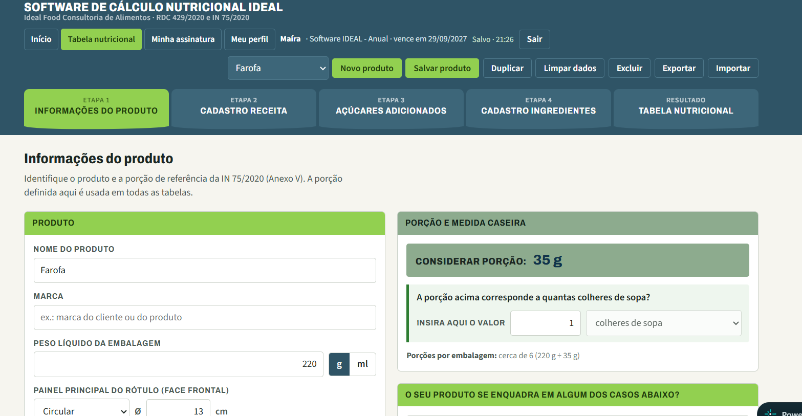 Tela de informações do produto do Software IDEAL, com porção e medida caseira conforme a IN 75/2020