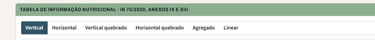 Seleção de modelos de tabela de informação nutricional da IN 75/2020 no Software IDEAL: vertical, horizontal, quebrado, agregado e linear